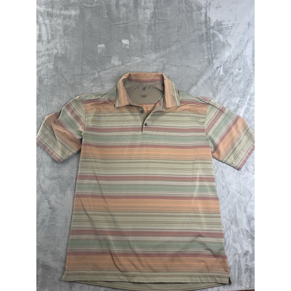 Nike Golf Mens Shirt Large Tan Multicolor Striped Dri-FIT Short Sleeve Polo